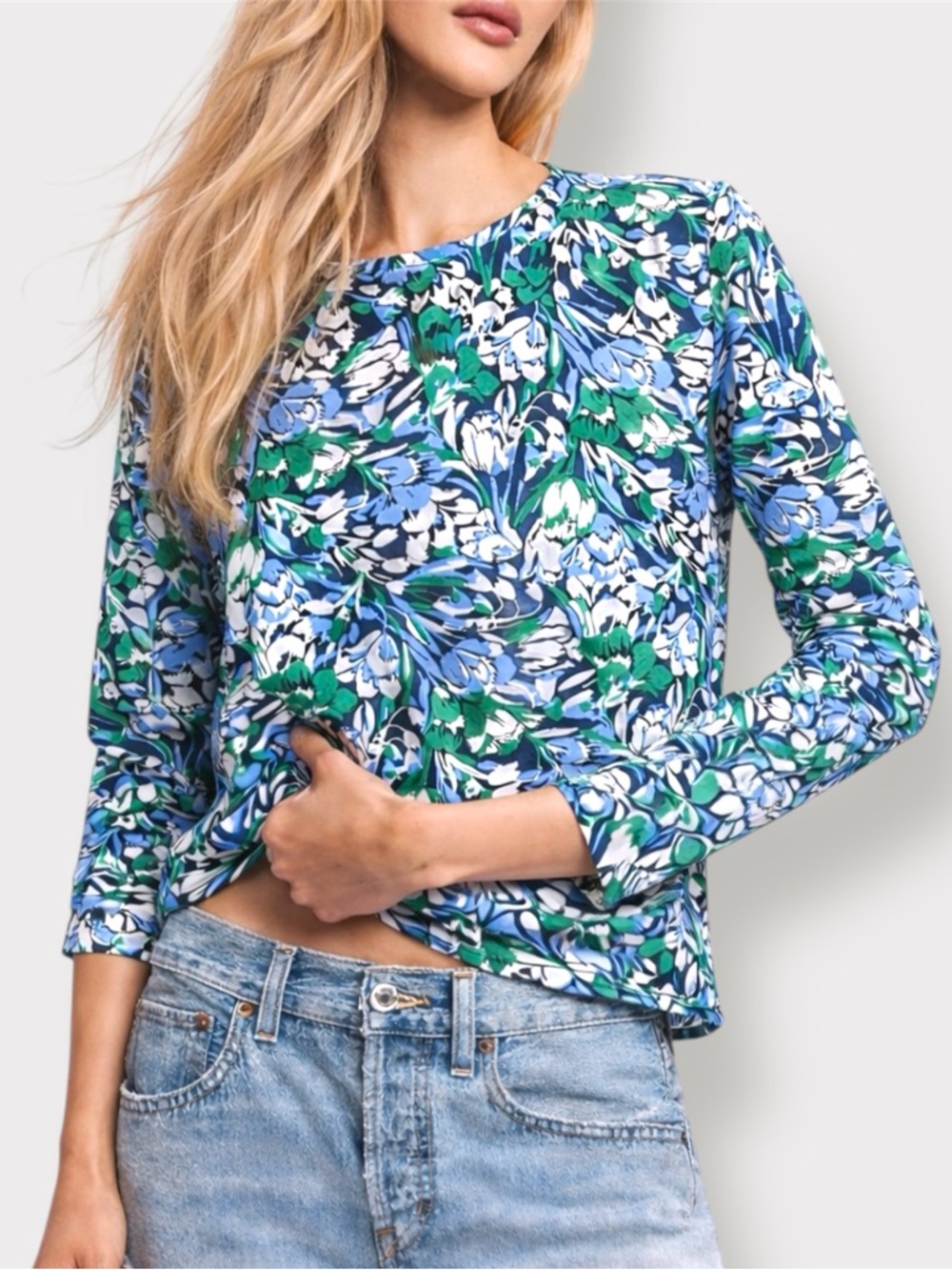 Blue and Green Floral Long Sleeve Cotton Top